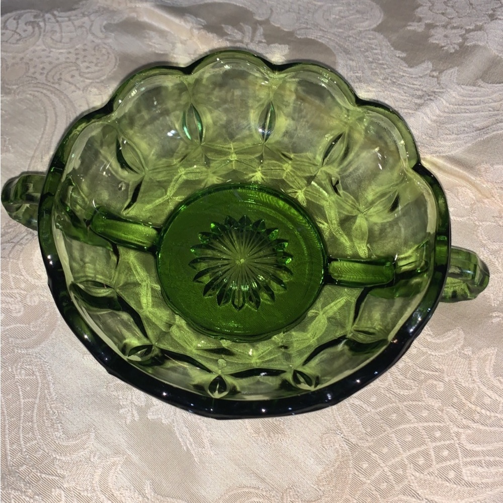 Vintage GREEN GLASS 2 Handled  Relish Serving Bowl Dish